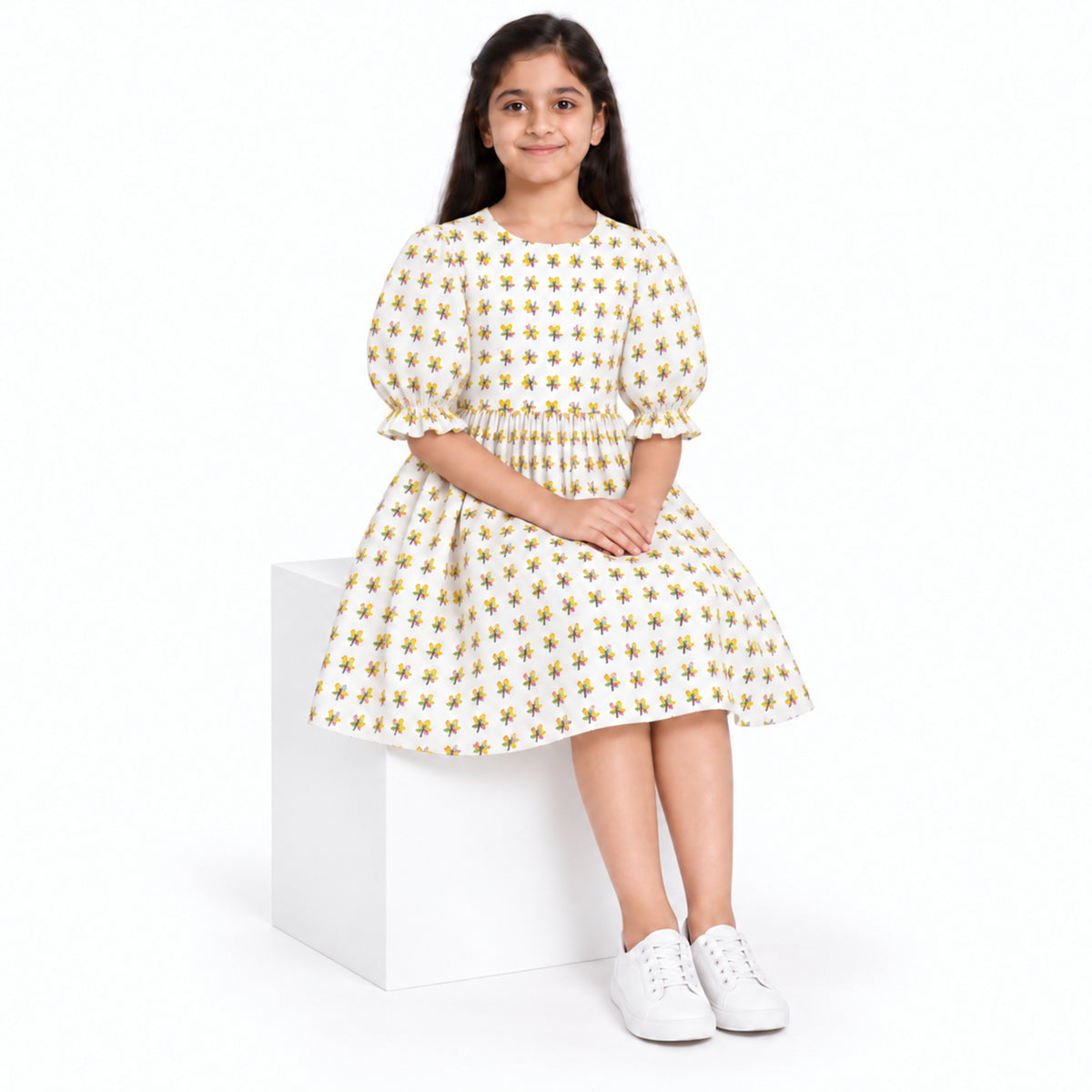Urban Jipsy Girls White All-Over Printed Puff Sleeve Gathered Waist Casual Dress
