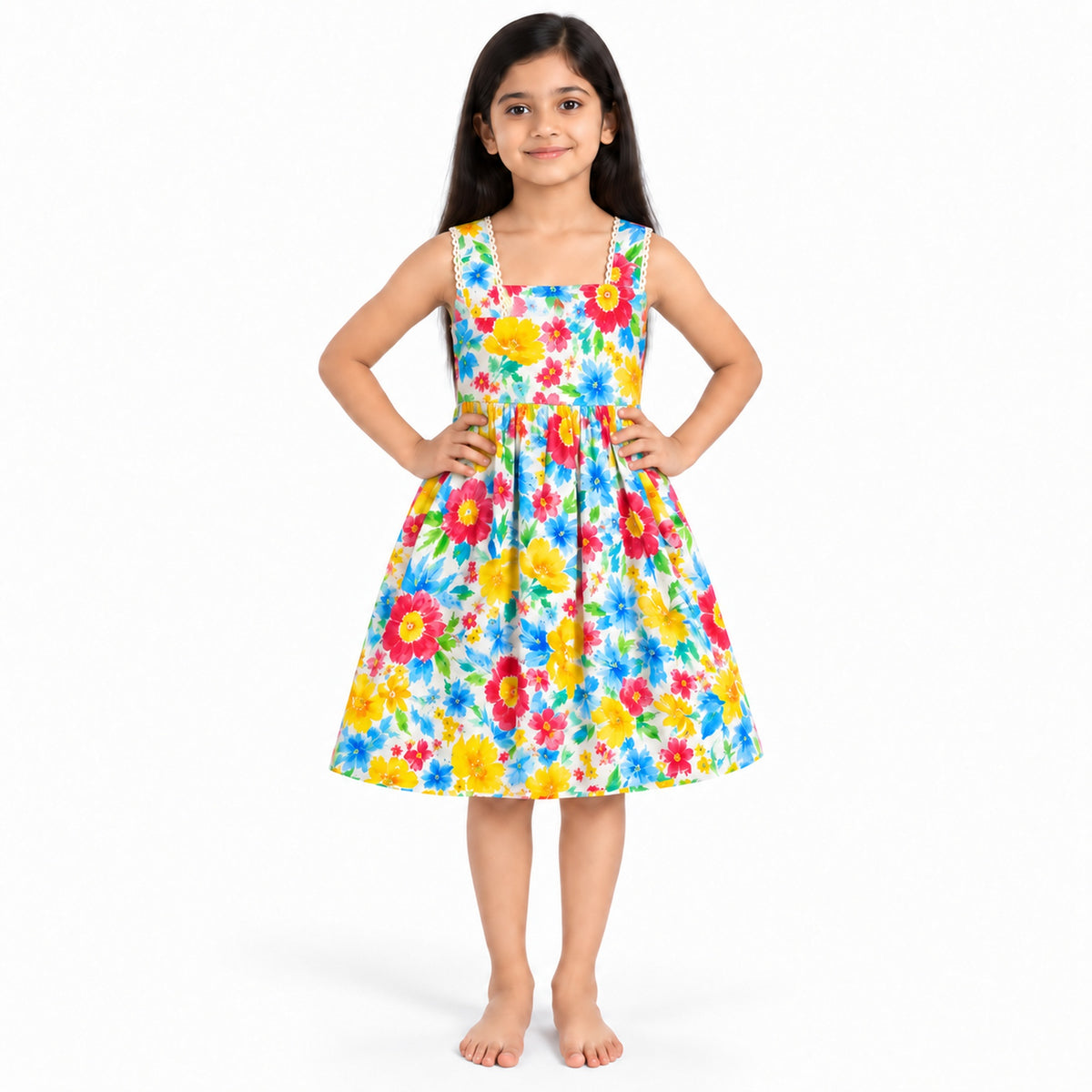 Urban Jipsy Girls Multicolor Floral Sleeveless Square Neck Fit & Flare Dress