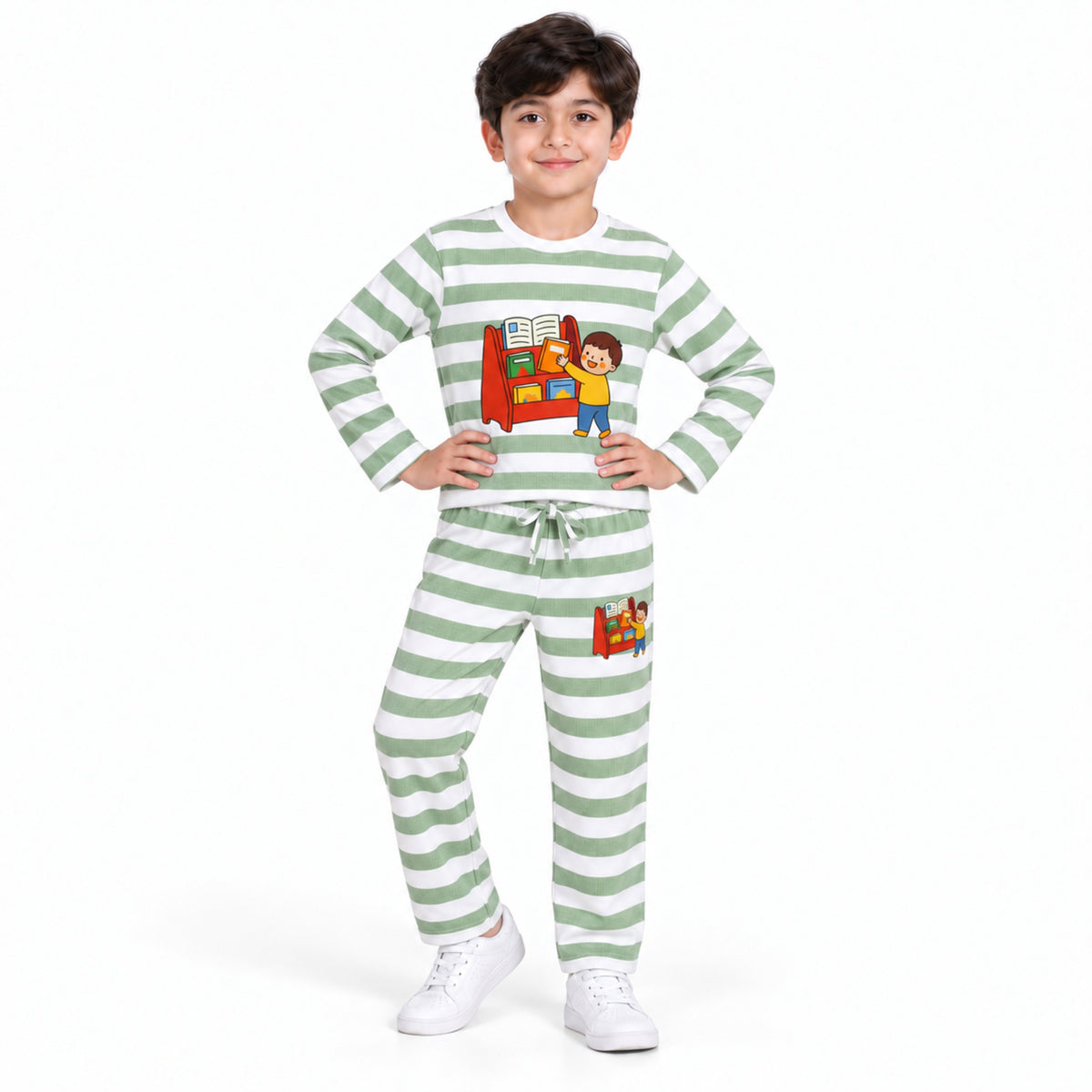 Urban Jipsy Boys Sage Green White Striped Book Graphic Full Sleeve Top & Pant Set