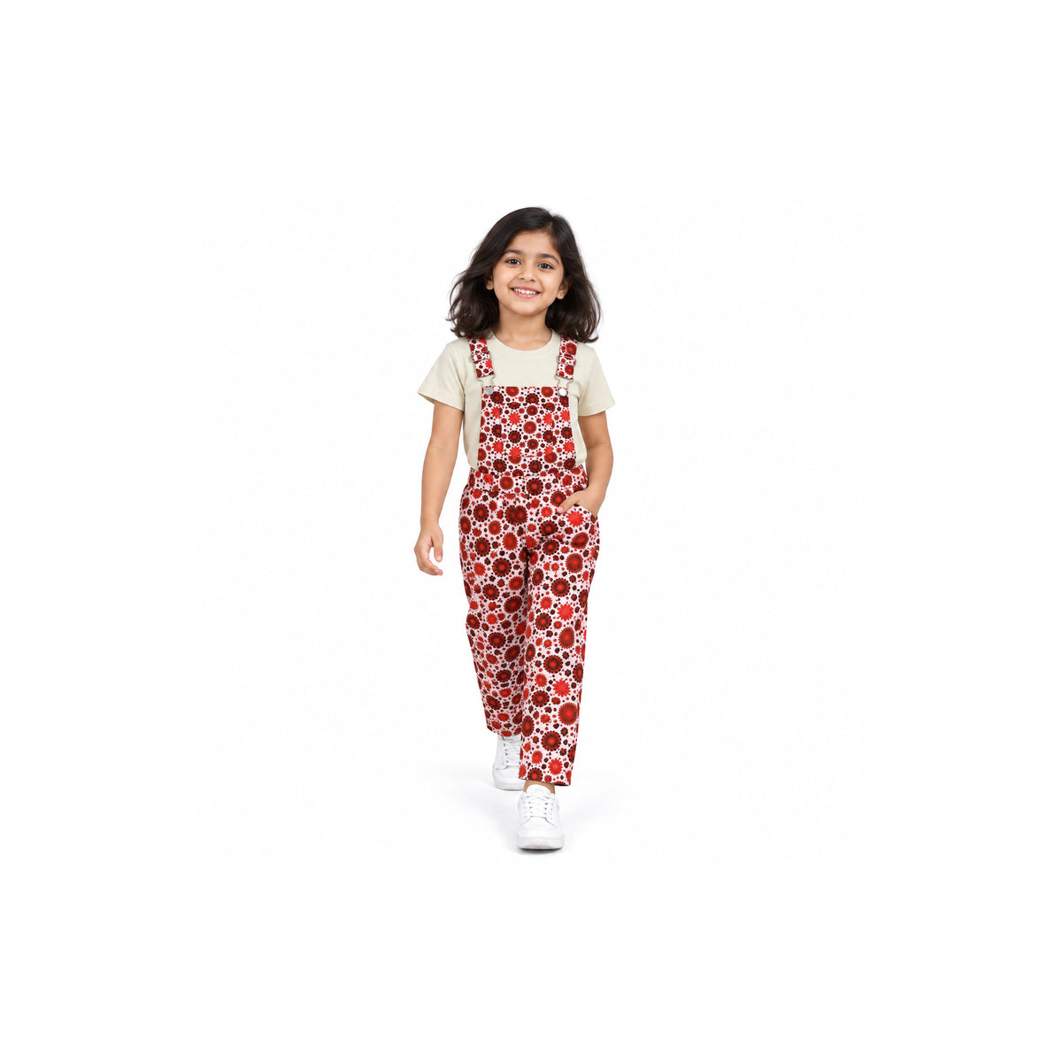 Urban Jipsy Girls Red Floral Printed Dungaree with Adjustable Straps & Front Pockets