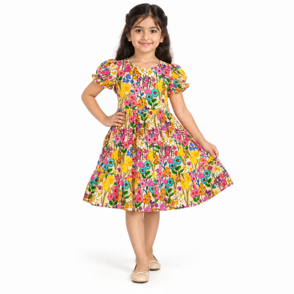 Urban Jipsy Girls Multicolor Floral Printed Puff Sleeve Fit & Flare Party Dress
