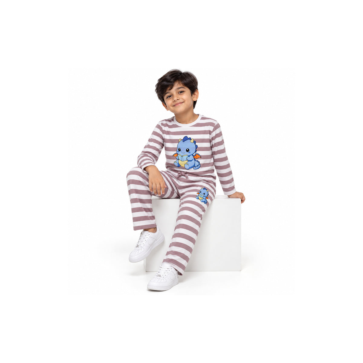 Urban Jipsy Boys Dusty Pink White Striped Cute Dinosaur Print Top & Trouser Set