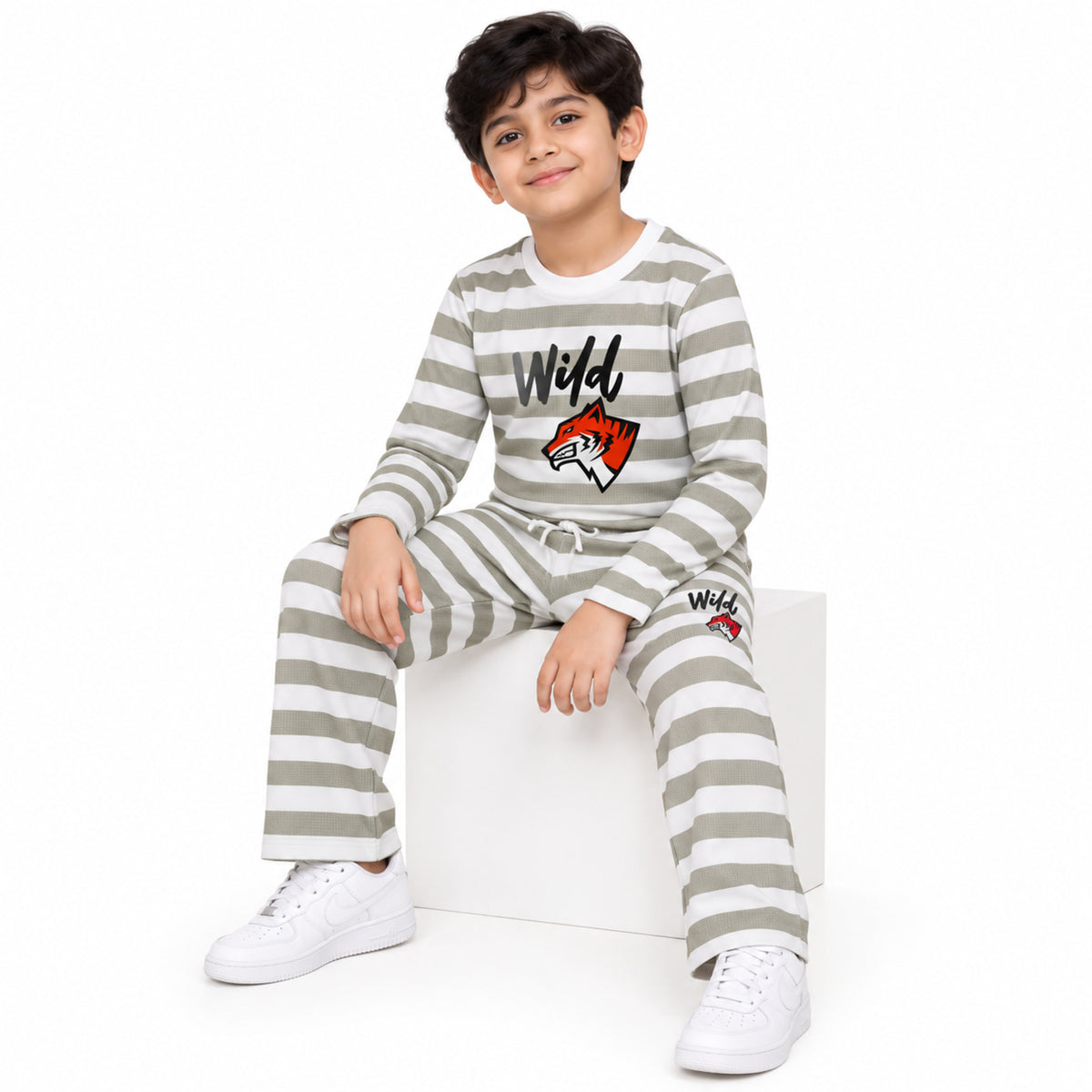 Urban Jipsy Boys Grey White Striped Wild Graphic Full Sleeve Top & Jogger Pant Set