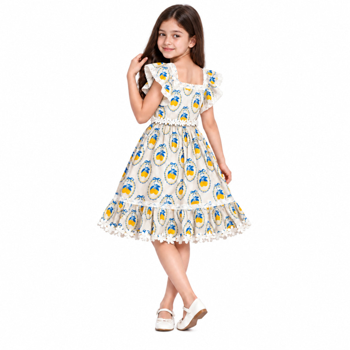 Urban Jipsy Girls White Lemon Print Fit & Flare Dress with Lace & Ruffle Sleeves