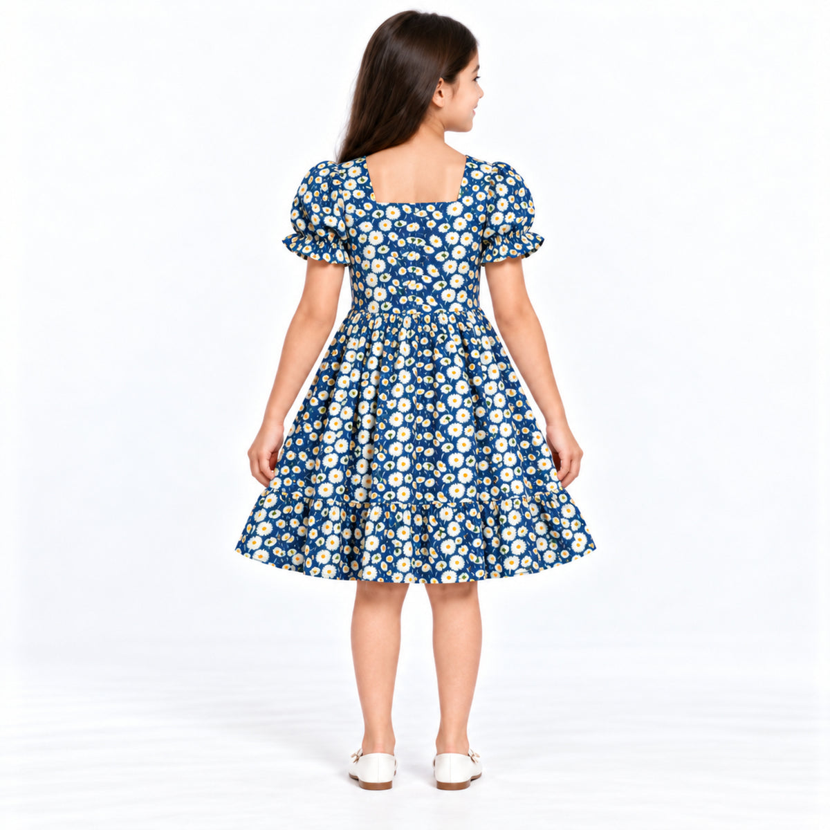 Urban Jipsy Girls Navy Blue Daisy Floral Puff Sleeve Dress with Square Neck & Buttons