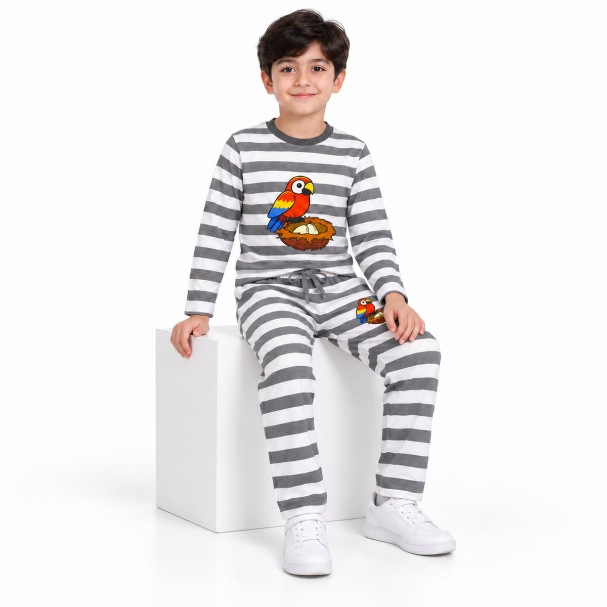 Urban Jipsy Boys Parrot Graphic Grey White Striped Full Sleeve Top & Trouser Set