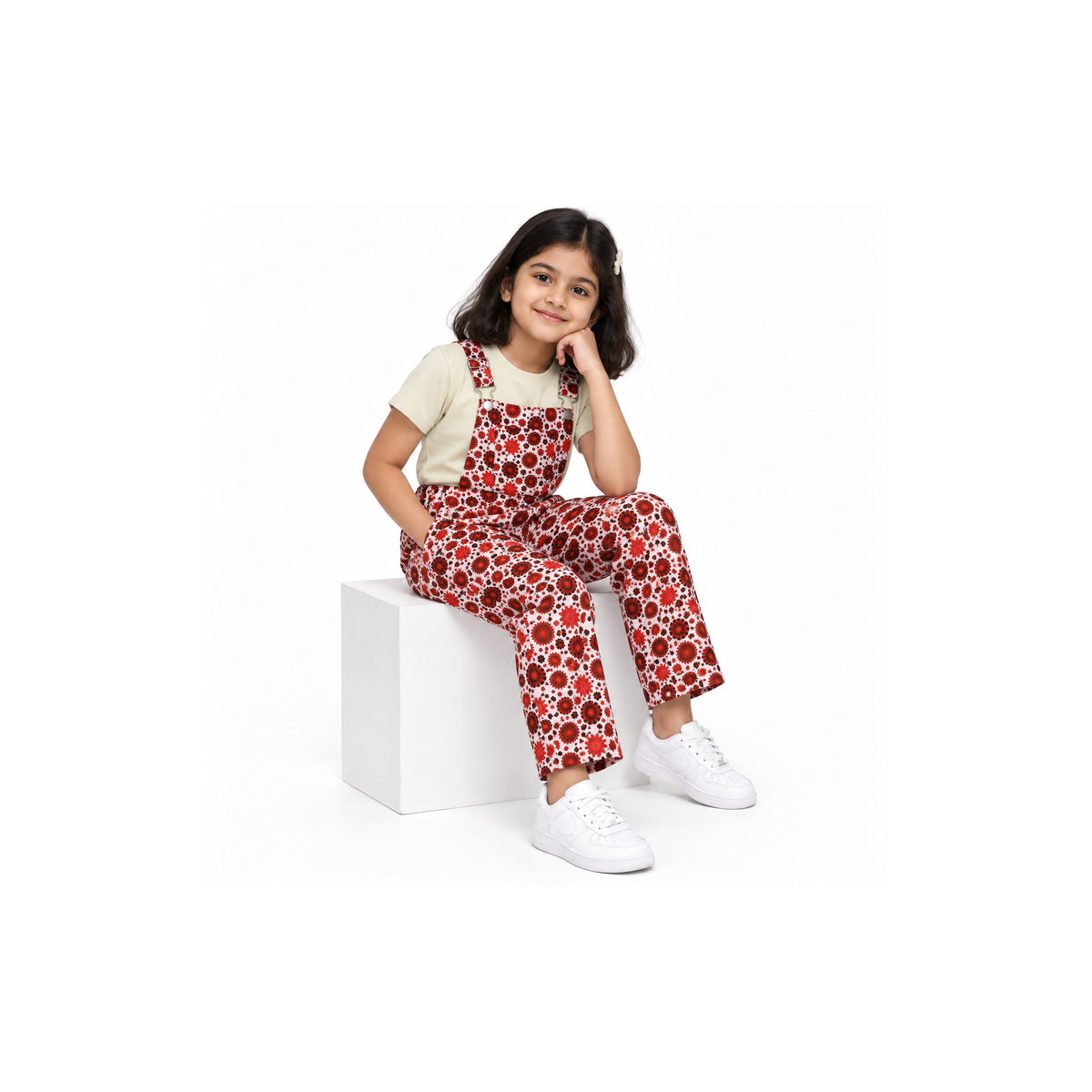 Urban Jipsy Girls Red Floral Printed Dungaree with Adjustable Straps & Front Pockets