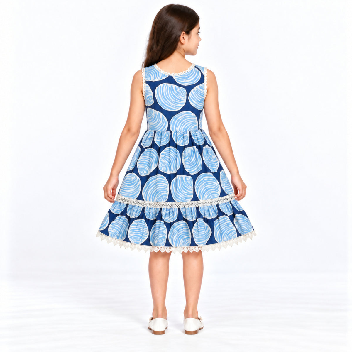 Urban Jipsy Girls Navy Blue Abstract Print Sleeveless Tiered Dress with Tassel Neck