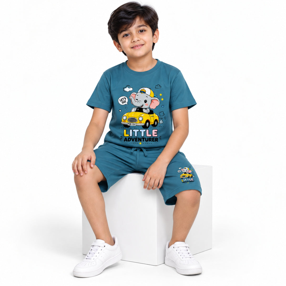 Urban Jipsy Boys Blue Elephant Adventure Printed T-Shirt with Coordinated Shorts