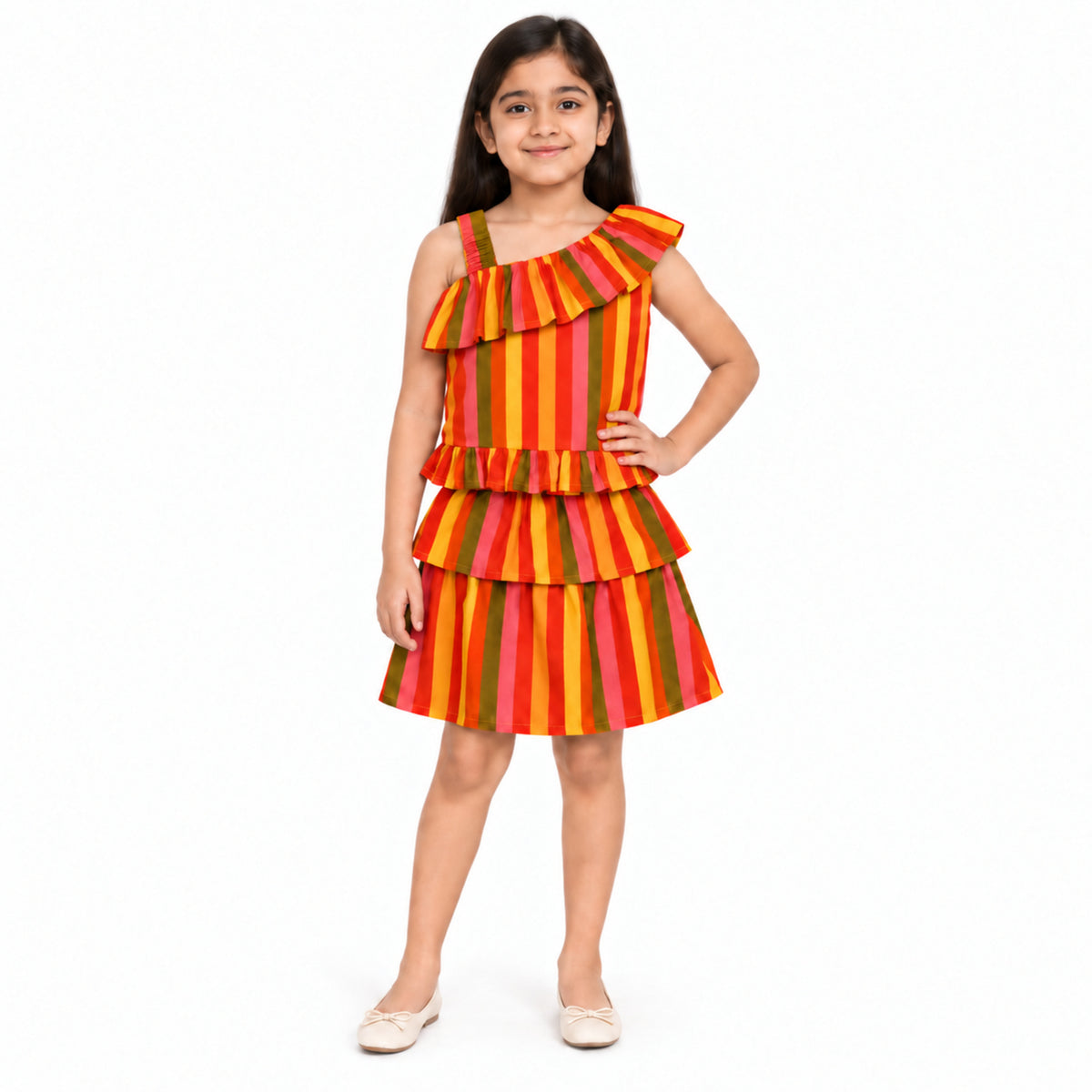 Urban Jipsy Girls Multicolor Striped One Shoulder Ruffle Tiered Party Dress