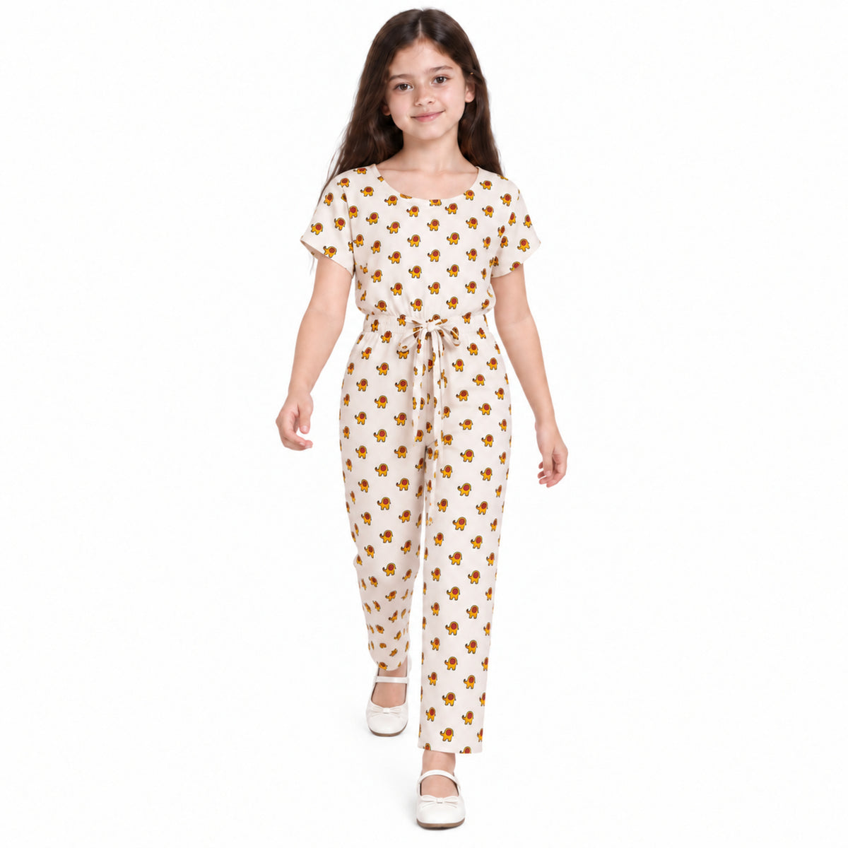 Urban Jipsy Girls Ivory Elephant Print Jumpsuit with Tie Waist & Short Sleeves