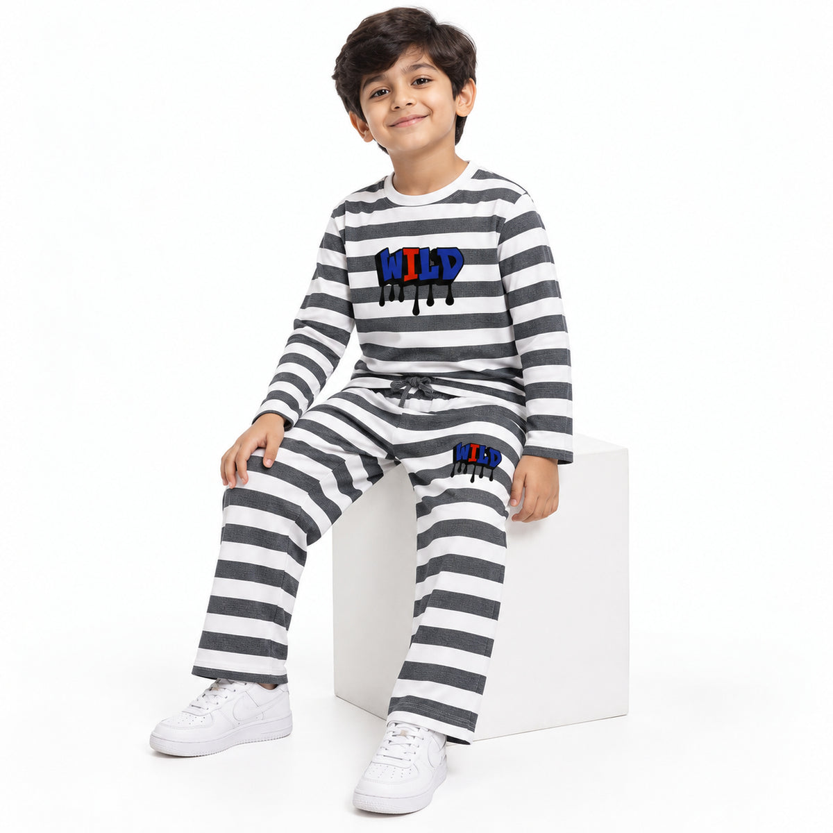Urban Jipsy Boys Grey Striped Character Print Full Sleeve T-Shirt & Pant Co-ord Set