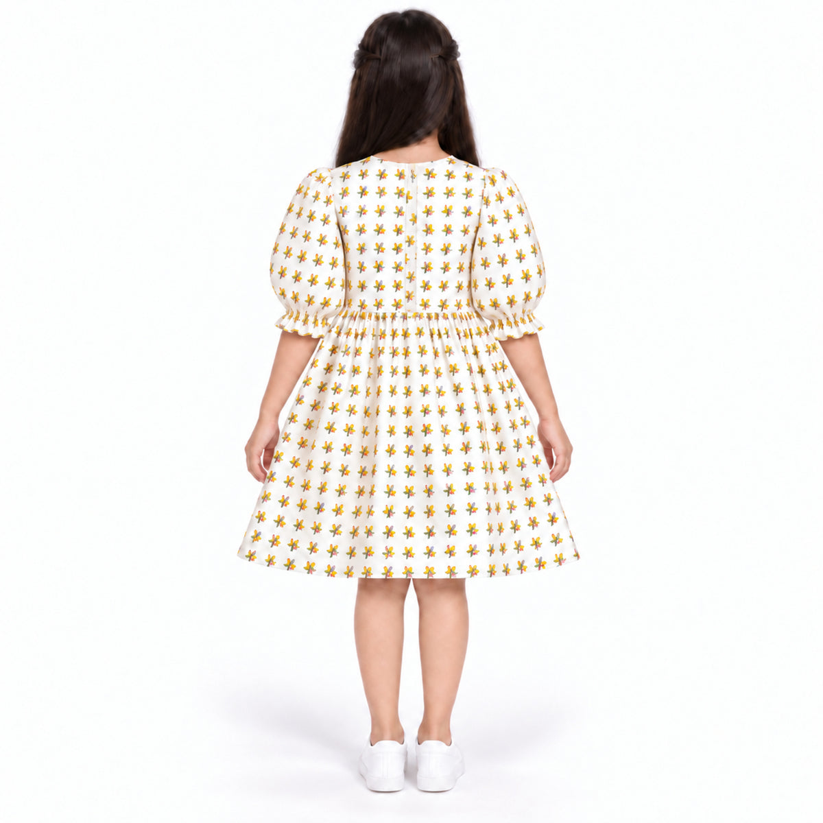 Urban Jipsy Girls White All-Over Printed Puff Sleeve Gathered Waist Casual Dress