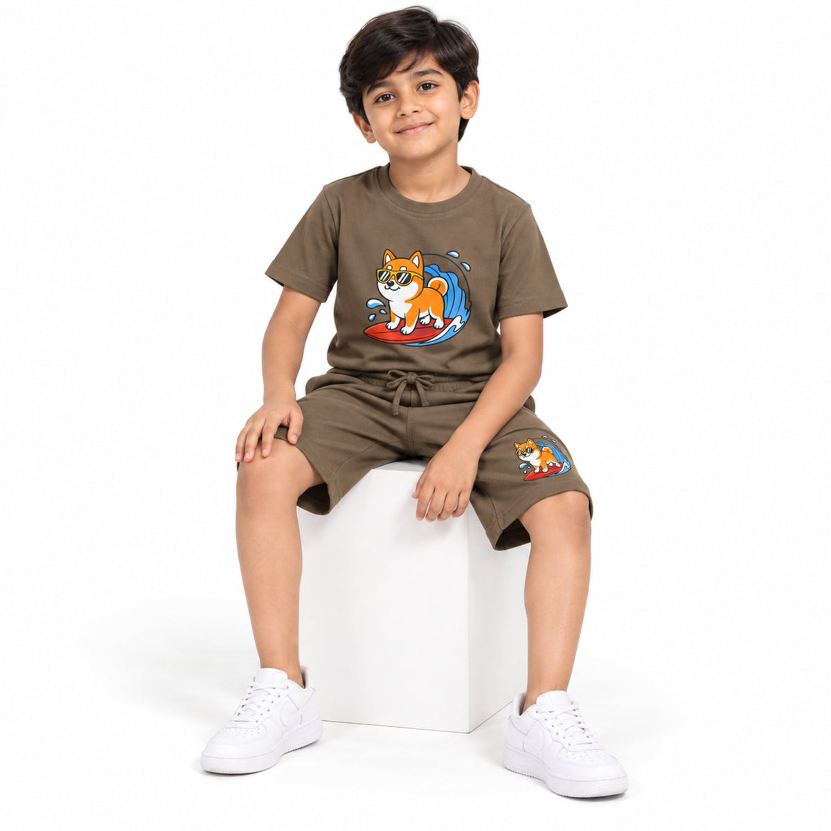 Urban Jipsy Boys Brown Surf Dog Printed Half Sleeve Tee & Drawstring Shorts Set