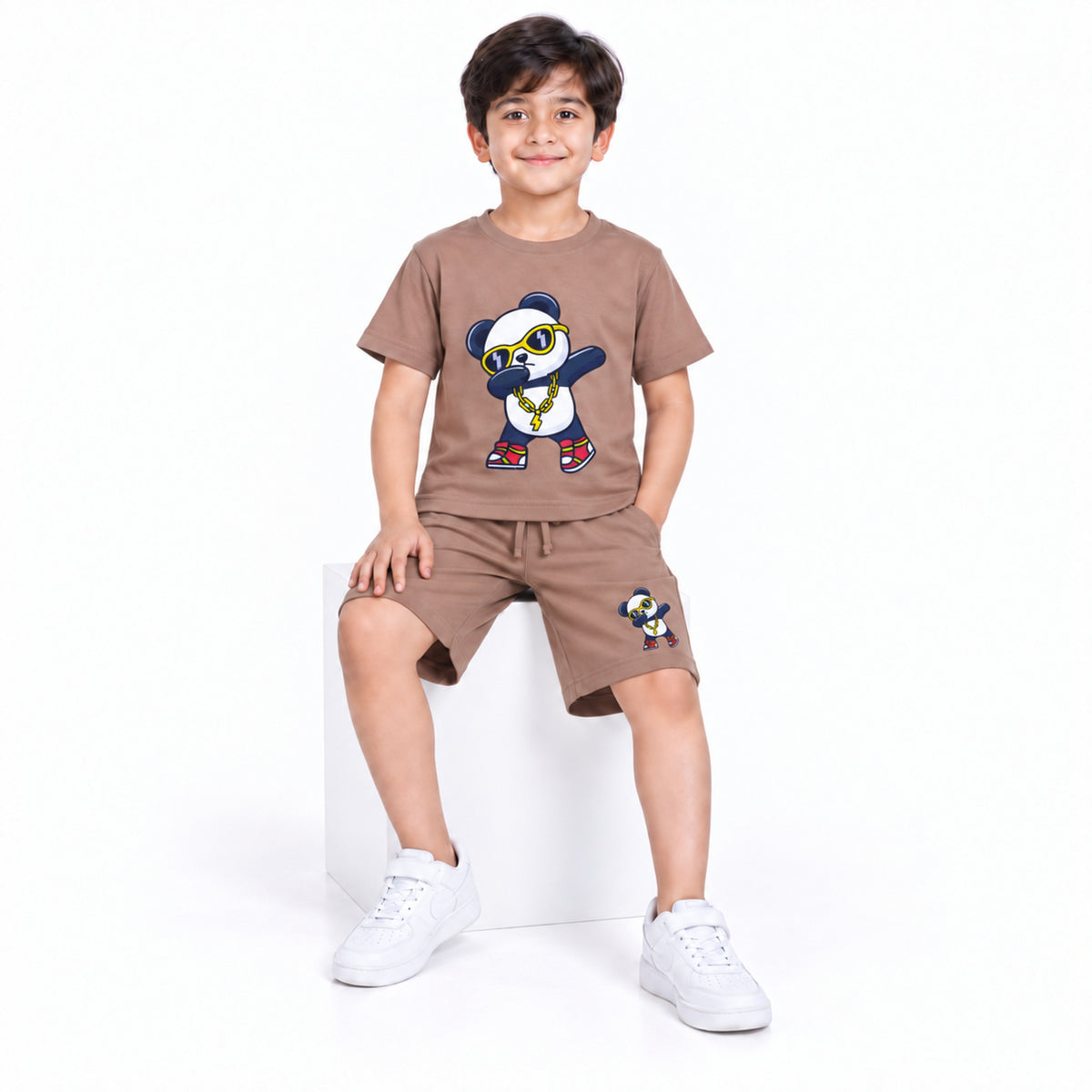Urban Jipsy Boys Brown Panda Graphic T-Shirt with Matching Shorts Summer Set