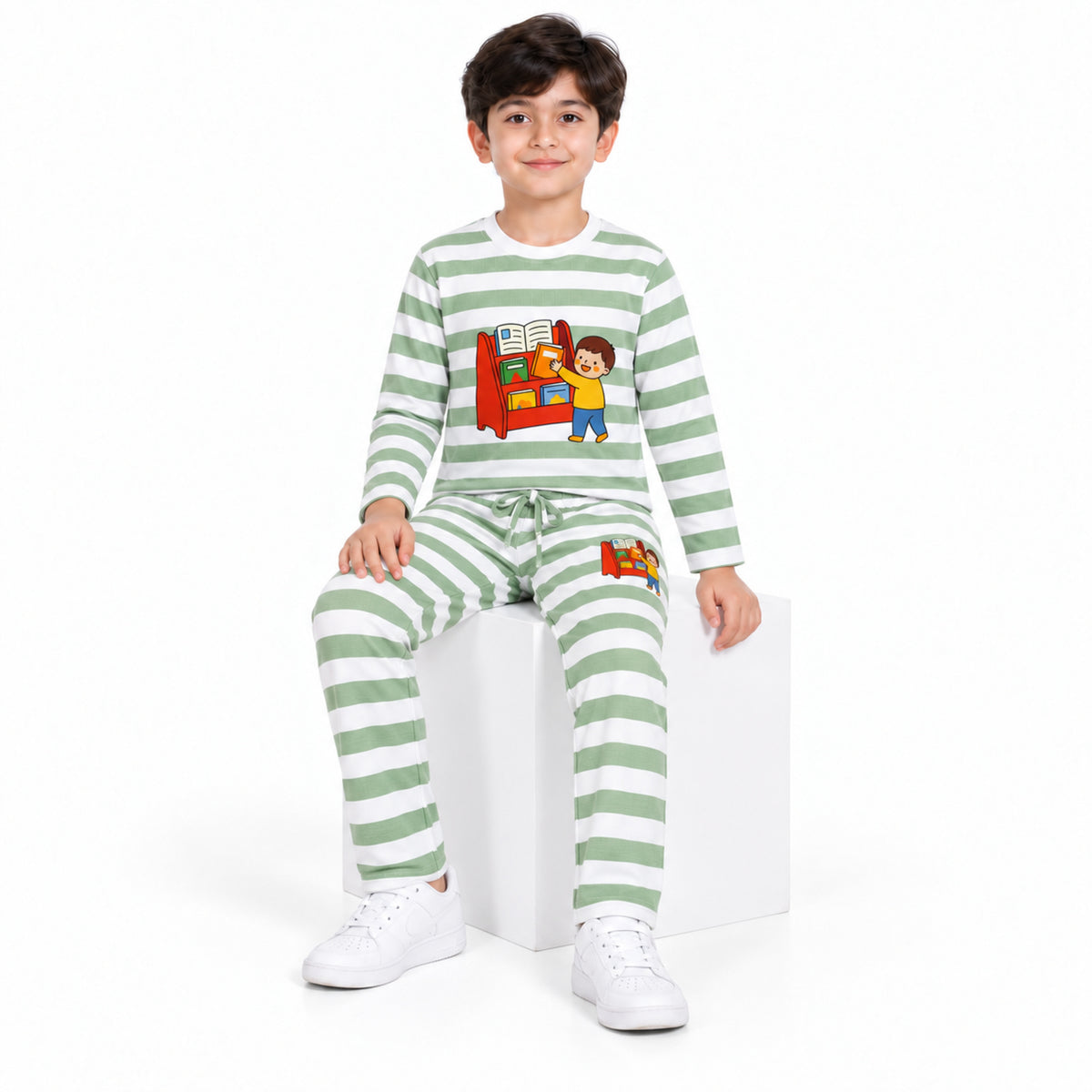 Urban Jipsy Boys Sage Green White Striped Book Graphic Full Sleeve Top & Pant Set