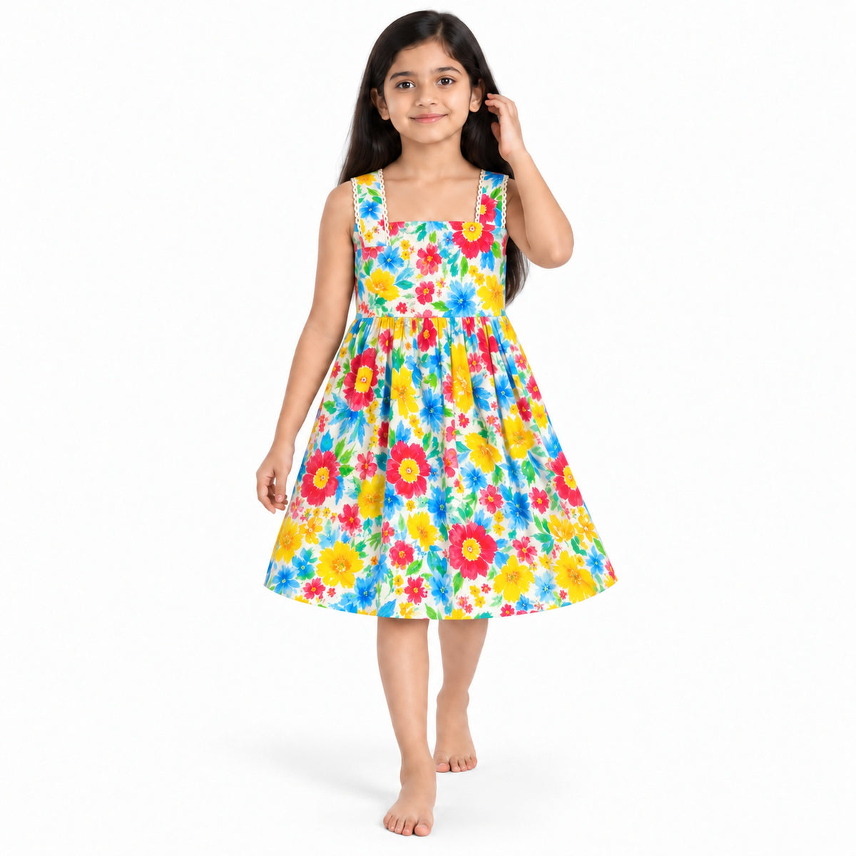 Urban Jipsy Girls Multicolor Floral Sleeveless Square Neck Fit & Flare Dress