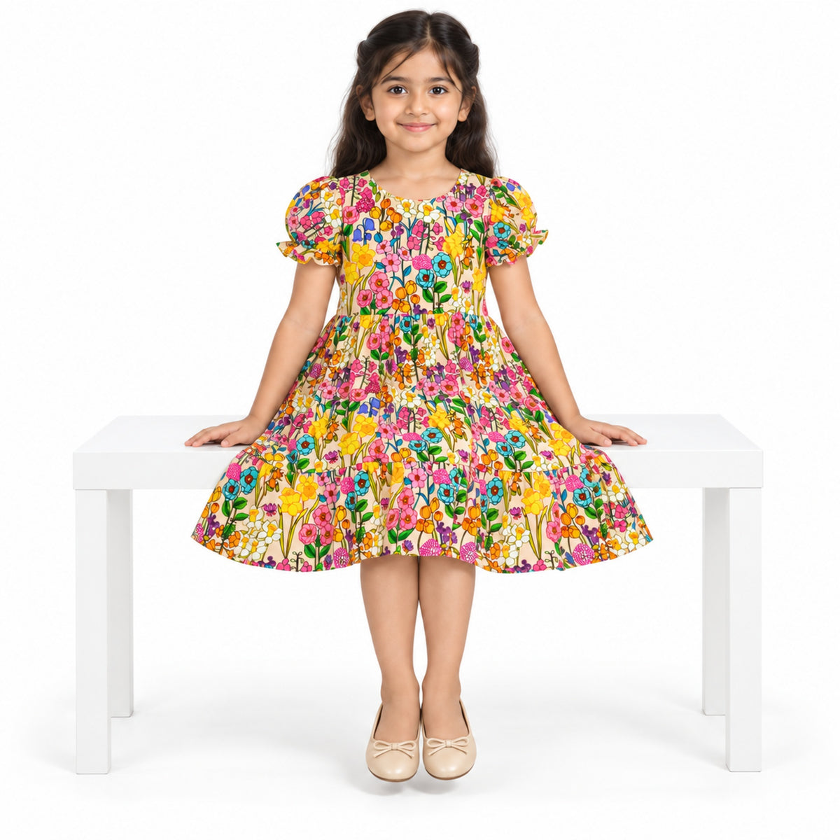 Urban Jipsy Girls Multicolor Floral Printed Puff Sleeve Fit & Flare Party Dress