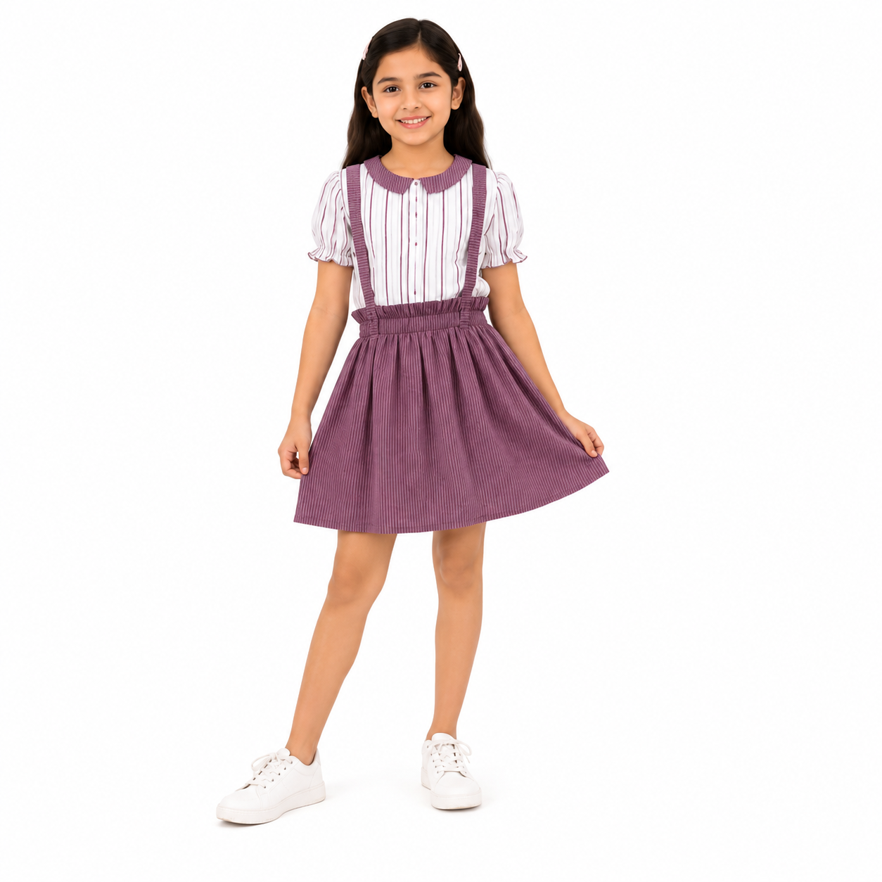 Urban Jipsy Girls Purple Striped Suspender Skirt Co-Ord Set | Peter Pan Collar Crop Top & Skater Skirt