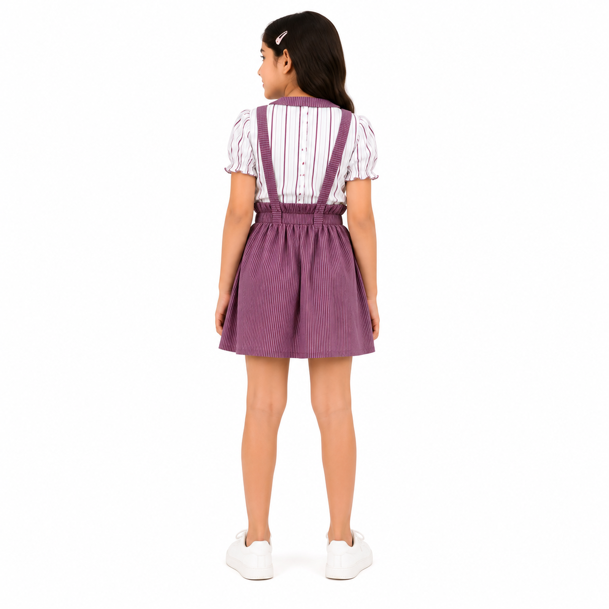 Urban Jipsy Girls Purple Striped Suspender Skirt Co-Ord Set | Peter Pan Collar Crop Top & Skater Skirt