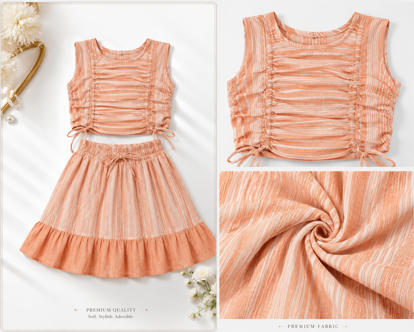 Urban Jipsy Girls Peach Striped Ruched Co-Ord Set | Sleeveless Crop Top & Ruffle Skirt for Girls