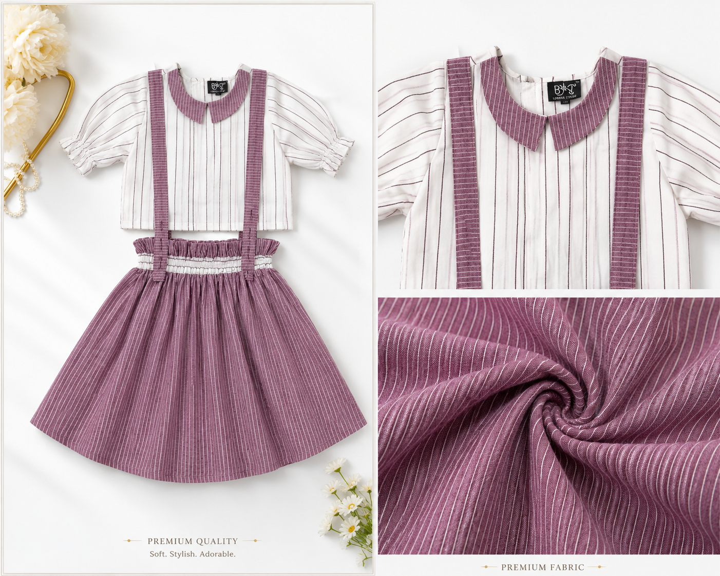 Urban Jipsy Girls Purple Striped Suspender Skirt Co-Ord Set | Peter Pan Collar Crop Top & Skater Skirt