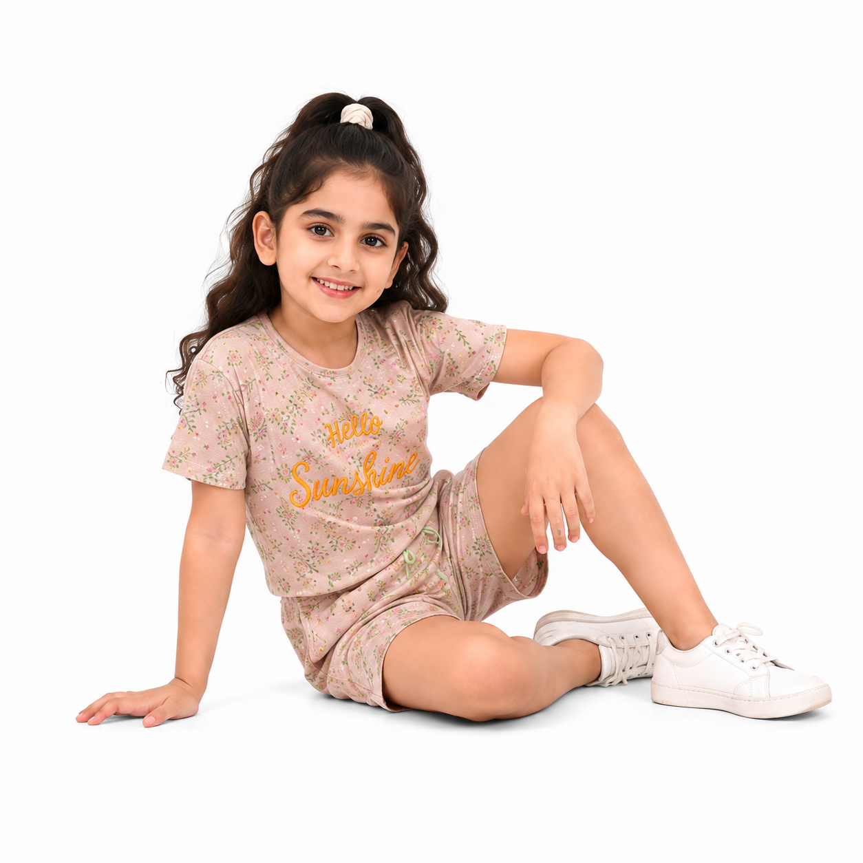 Urban Jipsy Girls Hello Sunshine Cotton Co-Ord Set | Floral Printed T-Shirt & Shorts Set