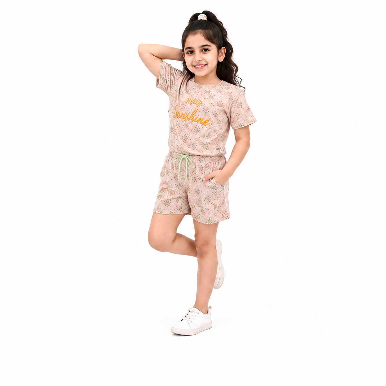 Urban Jipsy Girls Hello Sunshine Cotton Co-Ord Set | Floral Printed T-Shirt & Shorts Set