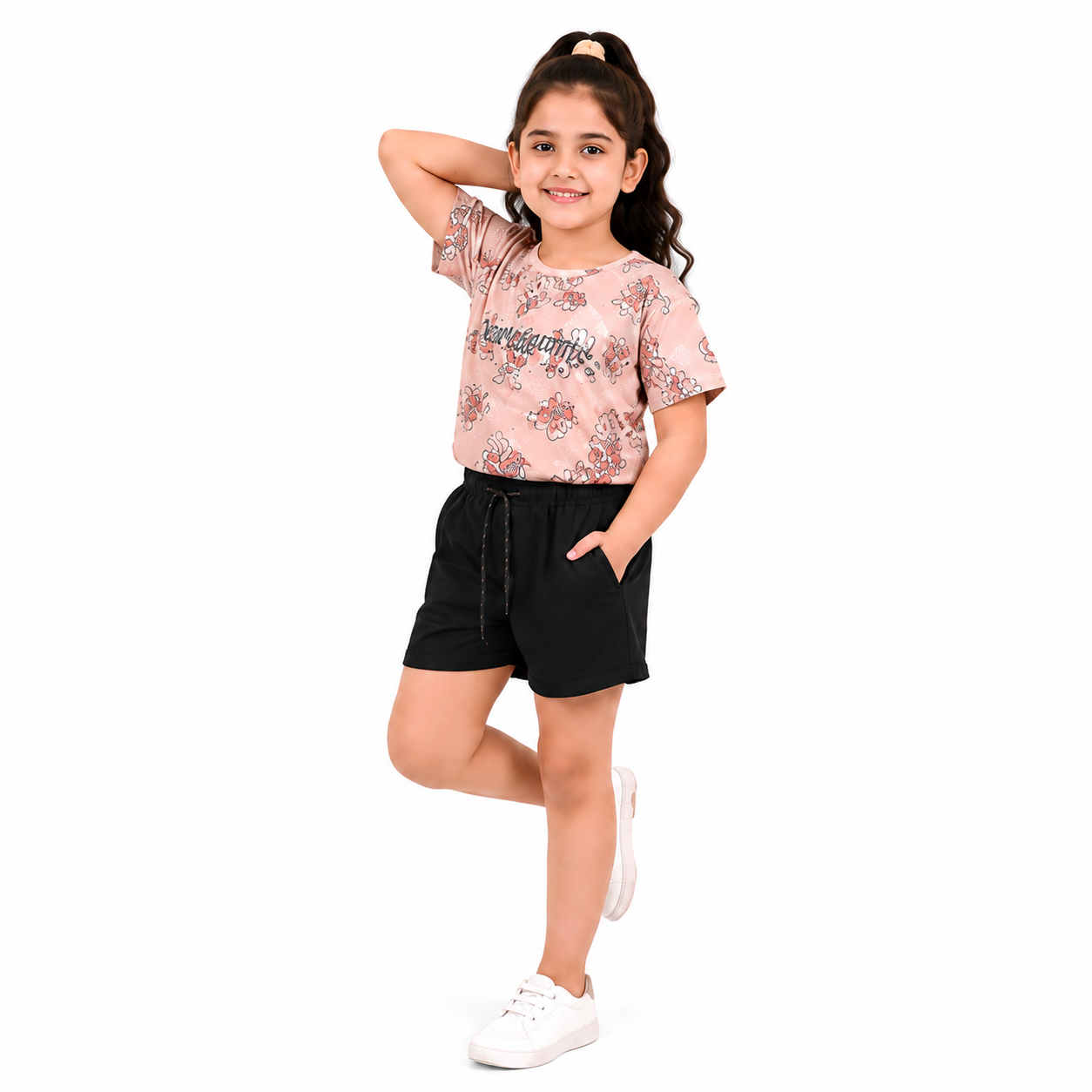 Urban Jipsy Girls Love Together Cotton Co-Ord Set | Printed T-Shirt & Black Shorts Set