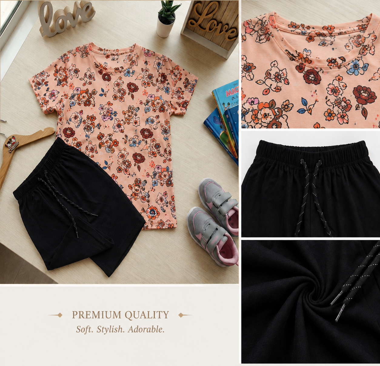 Urban Jipsy Baby Girls Floral Cotton Co-Ord Set | Printed T-Shirt & Black Shorts Set