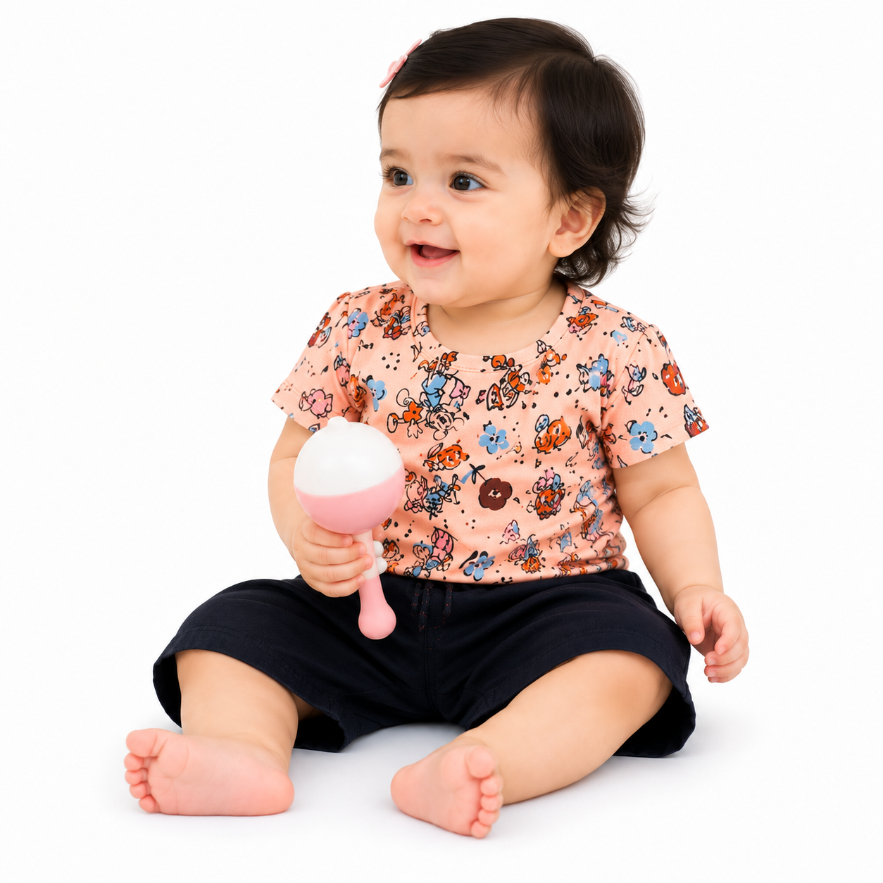 Urban Jipsy Baby Girls Floral Cotton Co-Ord Set | Printed T-Shirt & Black Shorts Set