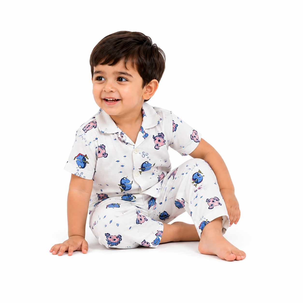 Urban Jipsy Baby Boys Premium Cotton Fish Print Night Suit Set | Soft Shirt & Pajama Sleepwear