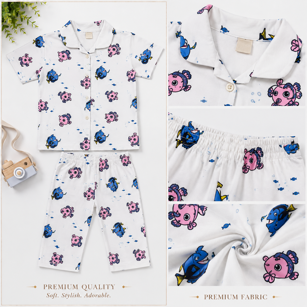 Urban Jipsy Baby Boys Premium Cotton Fish Print Night Suit Set | Soft Shirt & Pajama Sleepwear