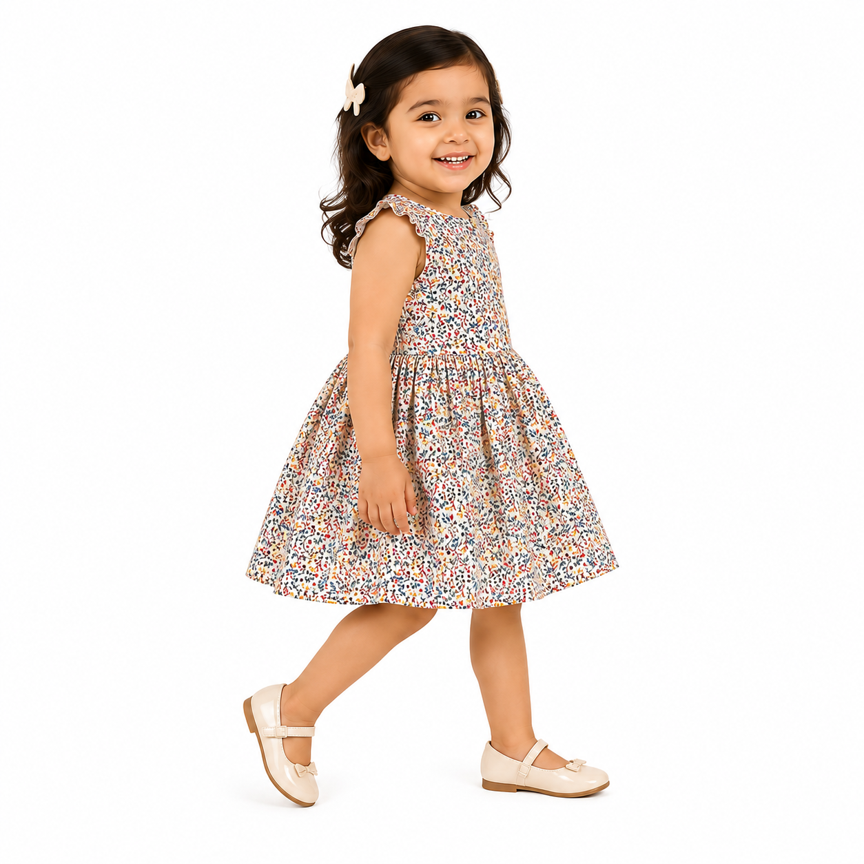 Urban Jipsy Girls Cream Floral Fit & Flare Cotton Dress
