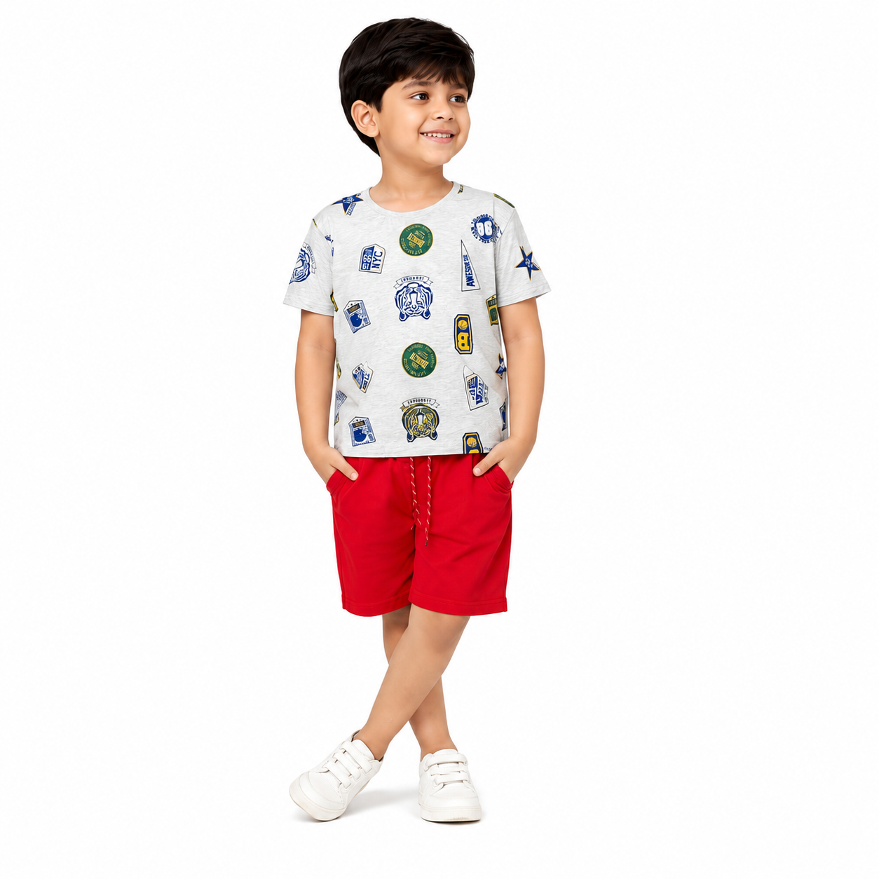 Urban Jipsy Boys Printed Cotton T-Shirt & Shorts Co-Ord Set | Grey & Red Summer Outfit