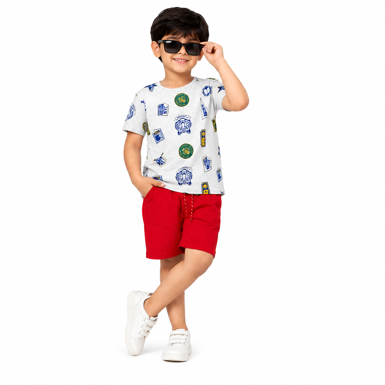 Urban Jipsy Boys Printed Cotton T-Shirt & Shorts Co-Ord Set | Grey & Red Summer Outfit