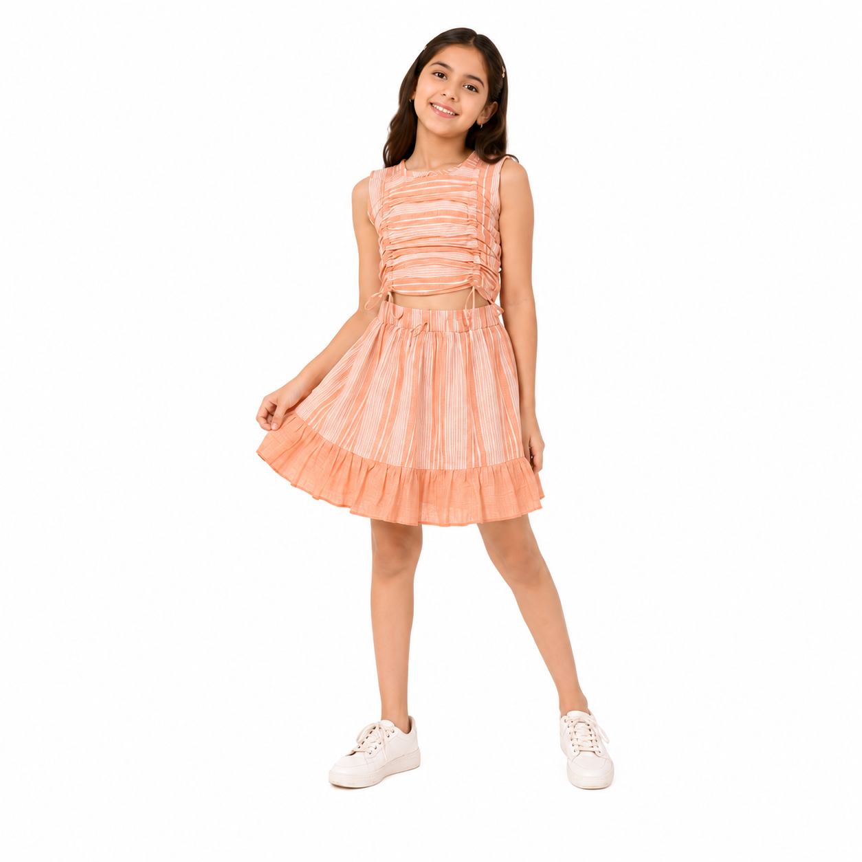 Urban Jipsy Girls Peach Striped Ruched Co-Ord Set | Sleeveless Crop Top & Ruffle Skirt for Girls