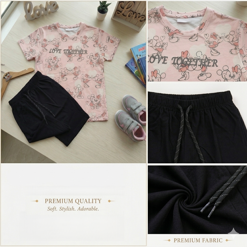 Urban Jipsy Girls Love Together Cotton Co-Ord Set | Printed T-Shirt & Black Shorts Set