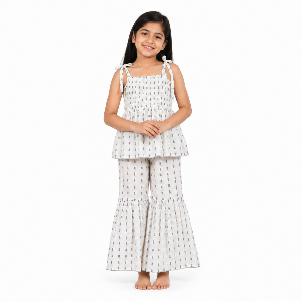 Urban Jipsy Girls White Printed Smocked Top with Flared Palazzo Pants Co-ord Set