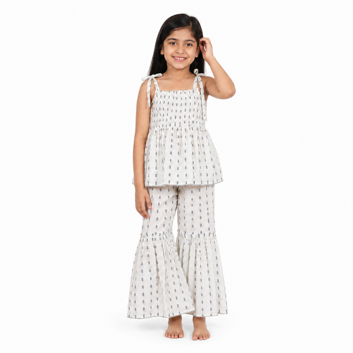 Urban Jipsy Girls White Printed Smocked Top with Flared Palazzo Pants Co-ord Set