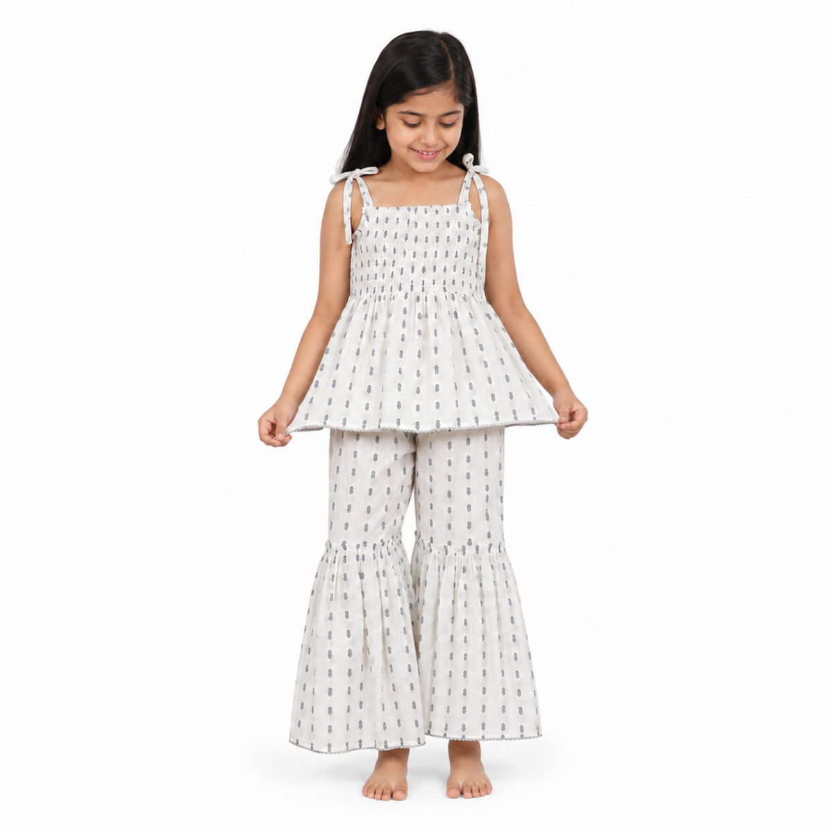 Urban Jipsy Girls White Printed Smocked Top with Flared Palazzo Pants Co-ord Set
