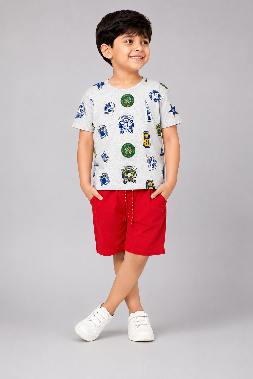 Urban Jipsy Boys Printed Cotton T-Shirt & Shorts Co-Ord Set | Grey & Red Summer Outfit