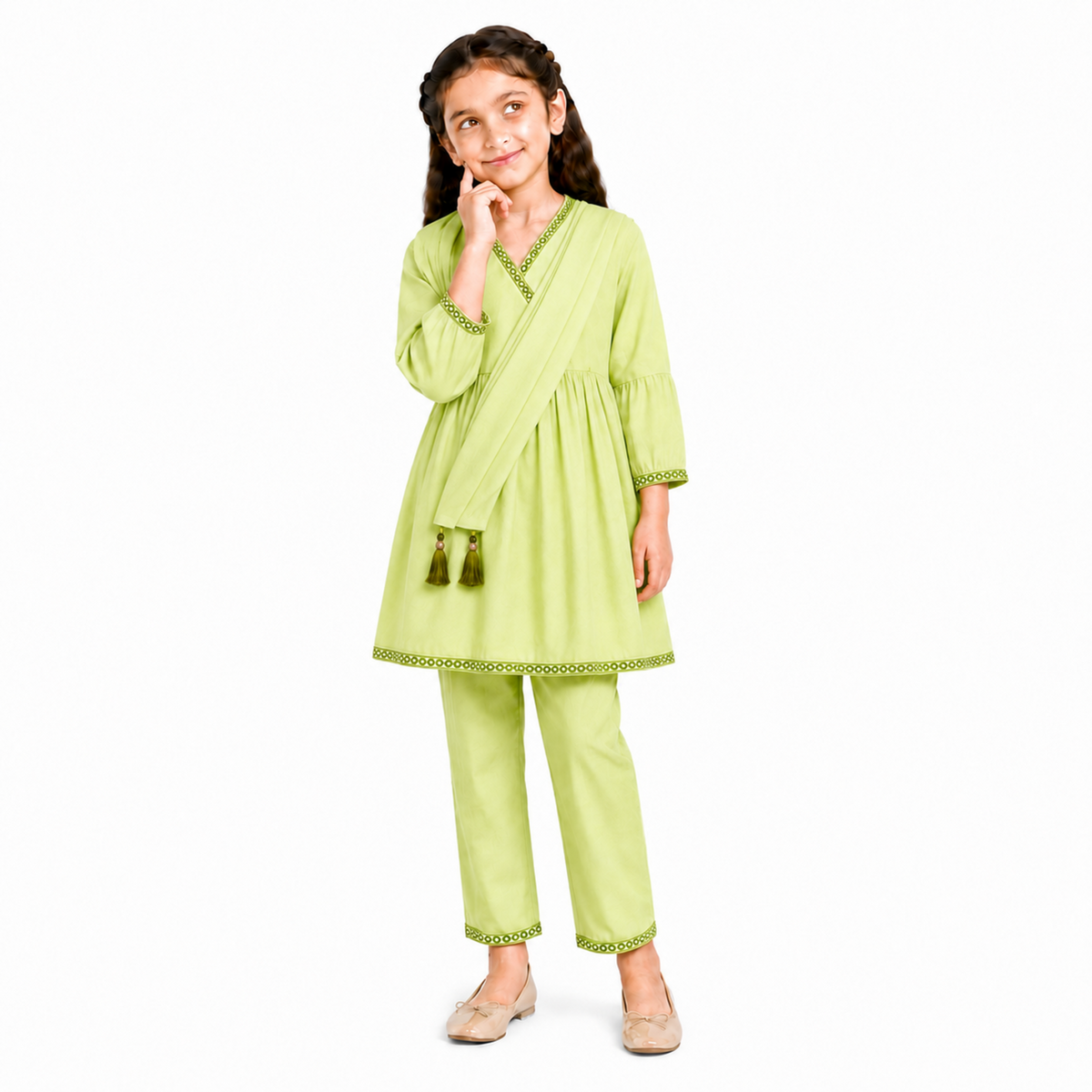 Urban Jipsy Girls Light Green Kurta Pant with Dupatta Traditional Ethnic 3 Piece Set