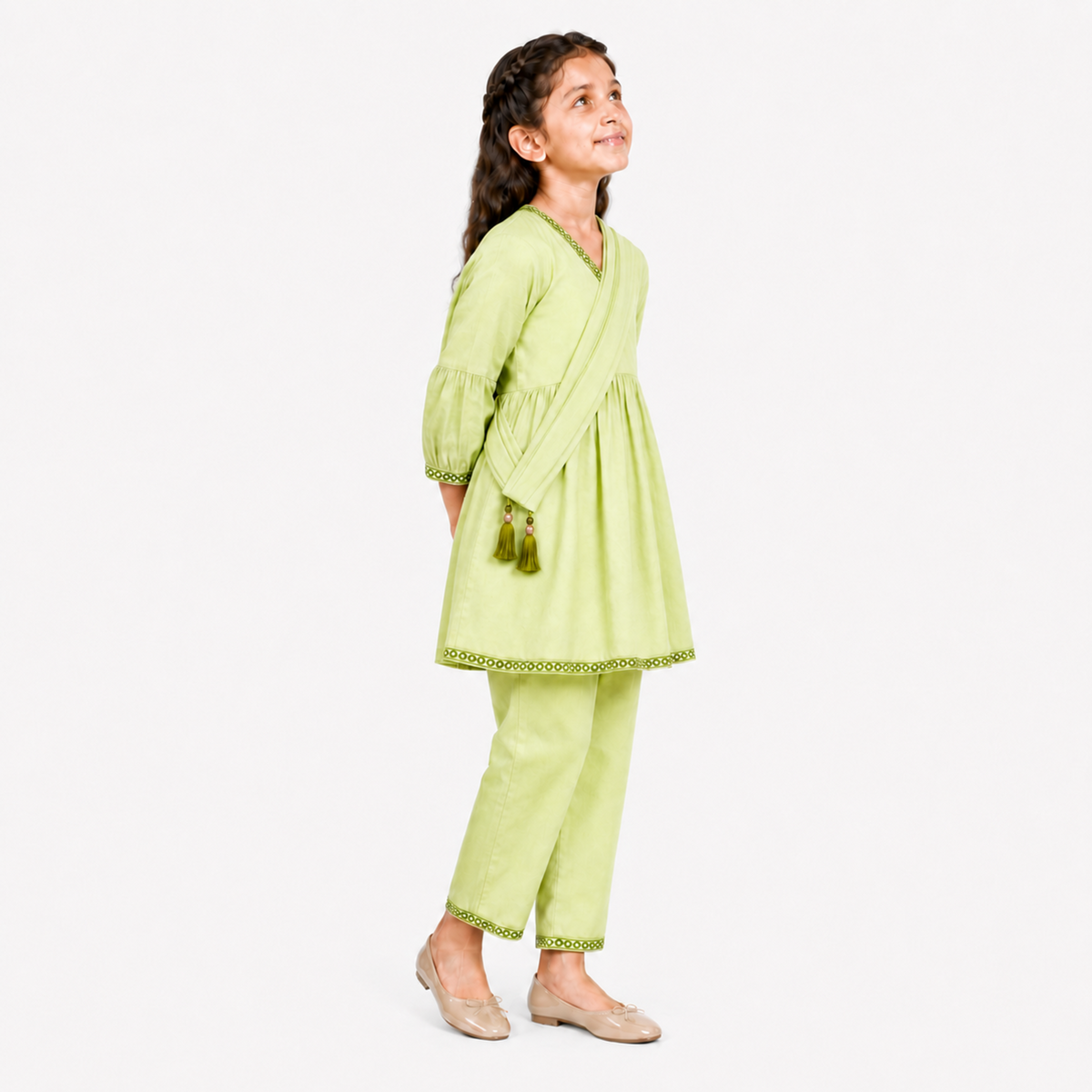 Urban Jipsy Girls Light Green Kurta Pant with Dupatta Traditional Ethnic 3 Piece Set