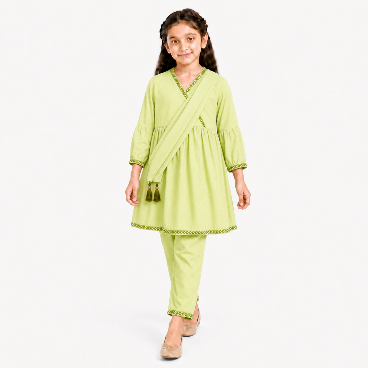 Urban Jipsy Girls Light Green Kurta Pant with Dupatta Traditional Ethnic 3 Piece Set