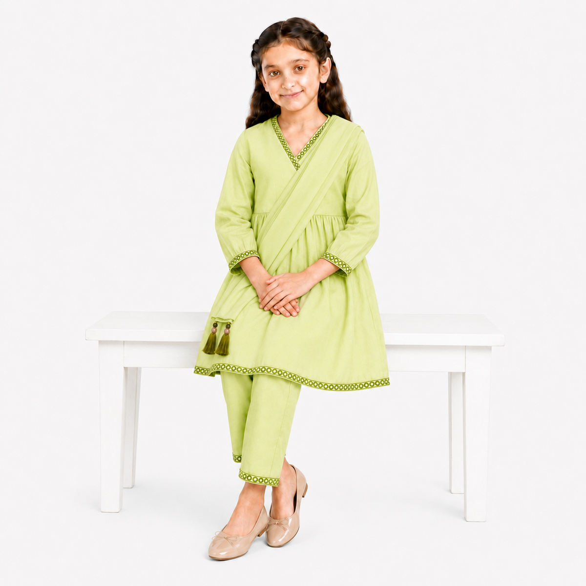Urban Jipsy Girls Light Green Kurta Pant with Dupatta Traditional Ethnic 3 Piece Set