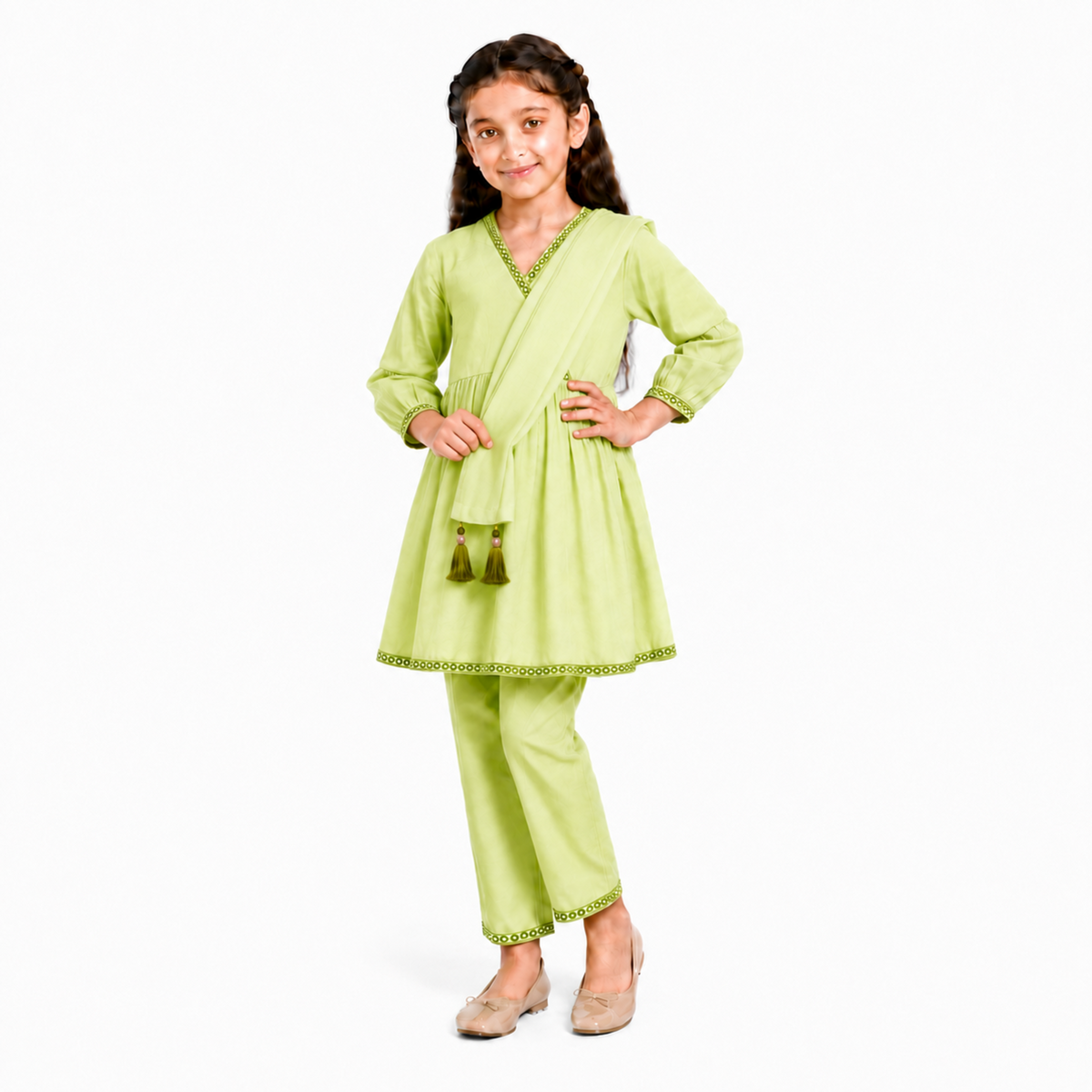 Urban Jipsy Girls Light Green Kurta Pant with Dupatta Traditional Ethnic 3 Piece Set