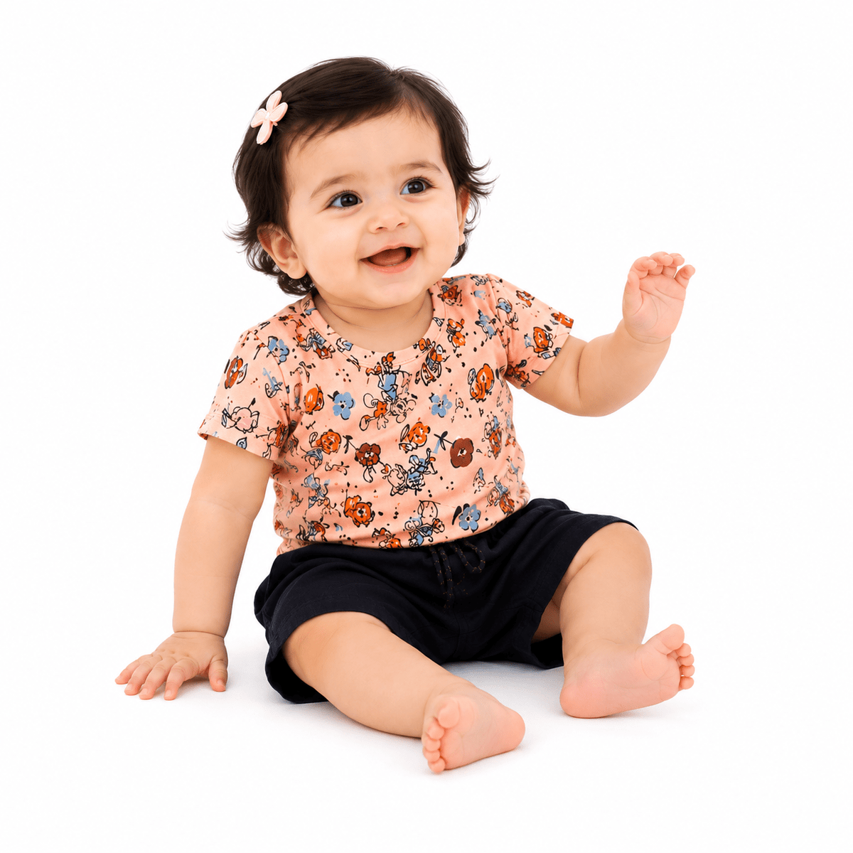 Urban Jipsy Baby Girls Floral Cotton Co-Ord Set | Printed T-Shirt & Black Shorts Set - MAHERA CREATIONS PRIVATE LIMITED