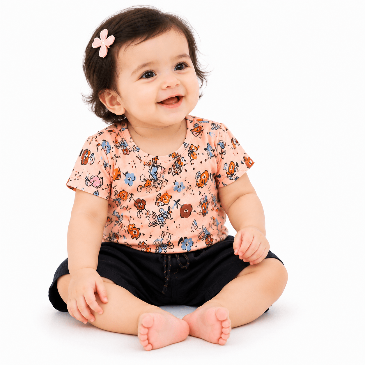 Urban Jipsy Baby Girls Floral Cotton Co-Ord Set | Printed T-Shirt & Black Shorts Set - MAHERA CREATIONS PRIVATE LIMITED