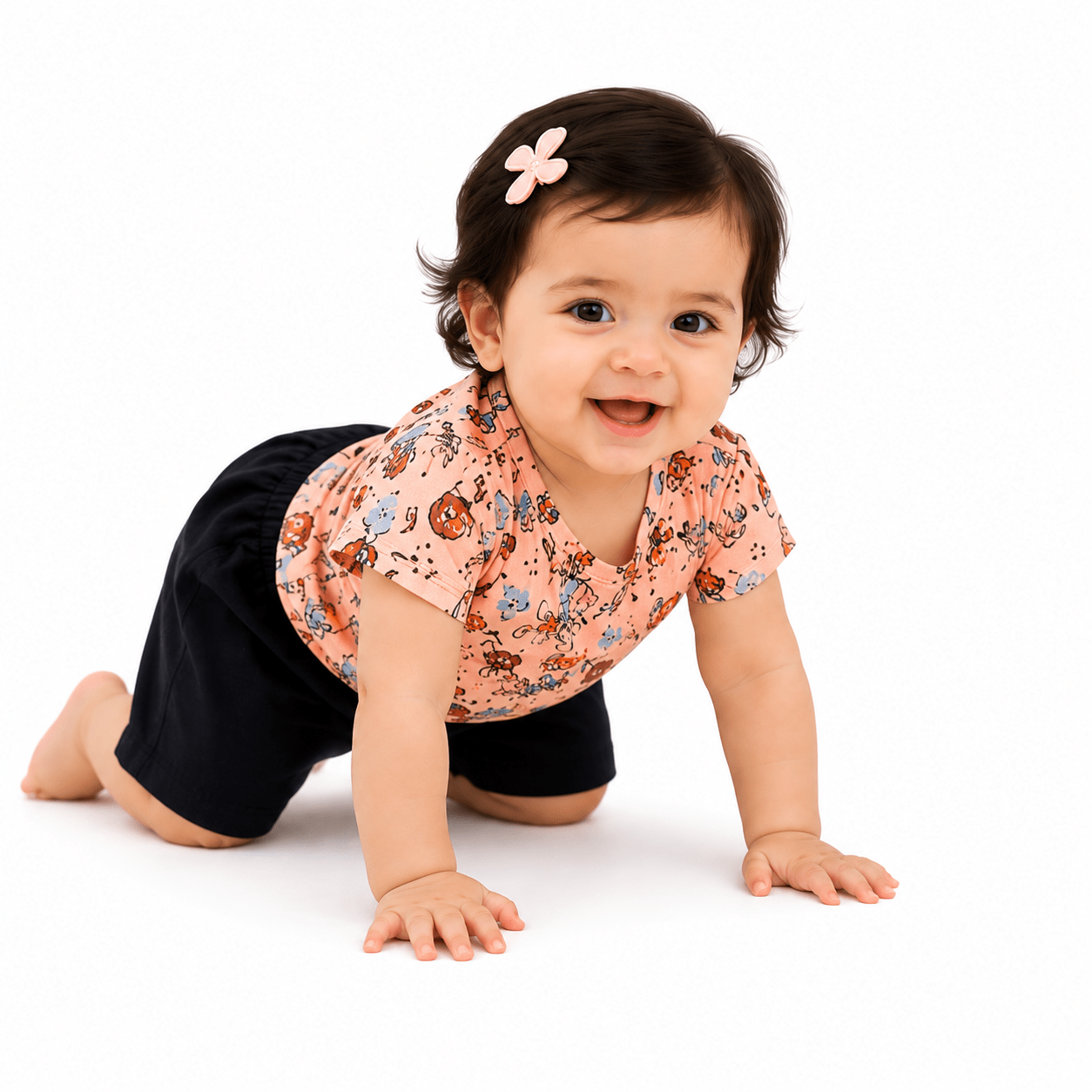 Urban Jipsy Baby Girls Floral Cotton Co-Ord Set | Printed T-Shirt & Black Shorts Set - MAHERA CREATIONS PRIVATE LIMITED